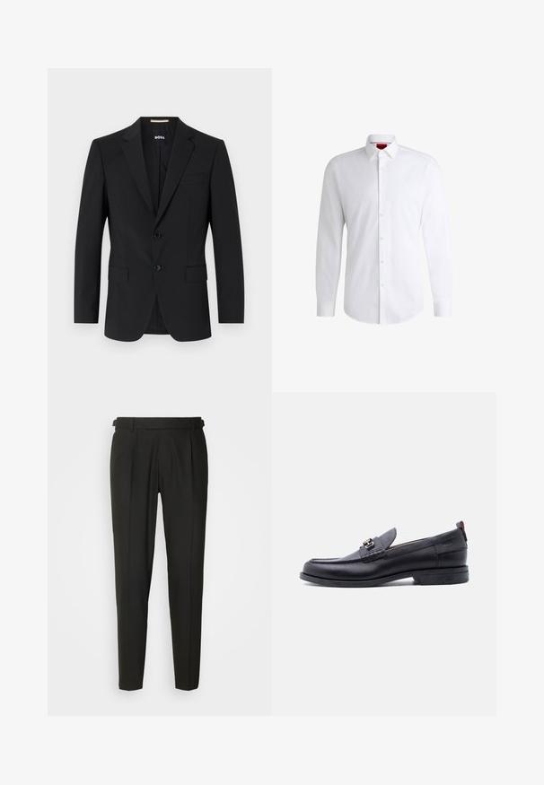 Zwarte blazer met een tailor-made ontwerp, twee knopen en inkepingen bij de revers. Bevat een enkele borstzak en twee voorzakken.; Witte overhemden van soepel materiaal met een klassieke kraag, lange mouwen en een afgeronde zoom. Voorzien van beige knopen aan de voorkant.; Zwarte op maat gemaakte broeken met een vlakke voorkant, twee plooien, riemlusjes en een rechte pijpdesign. Gemaakt van een gladde, lichtgewicht stof.; Zwarte leren loafer met grijze, gestructureerde vamp, zilveren metalen gesp, lage hak en trekkoord aan de achterkant.