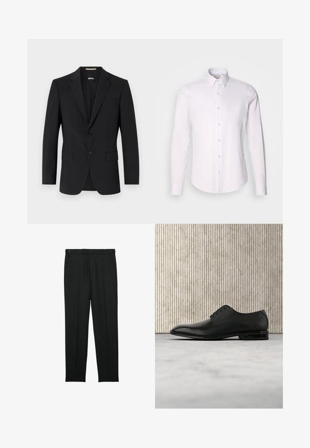 Schwarzer Blazer mit tailliertem Design, zwei Knöpfen und Reverskragen. Mit einer Brusttasche und zwei Fronttaschen.; Weißes Langarmhemd aus glattem Stoff mit Button-Down-Kragen, ausgestattet mit einer durchgehenden Knopfleiste und abgerundetem Saum.; Schwarze, maßgeschneiderte Hose mit Seitentaschen und Knopfdetails am Taillenbund, mit geradem Bein und Bügelfalte vorne.; Schwarzer Lederschuh mit glattem, poliertem Finish und strukturiertem Obermaterial, ausgestattet mit sechs Ösen und einer abgerundeten Spitze.