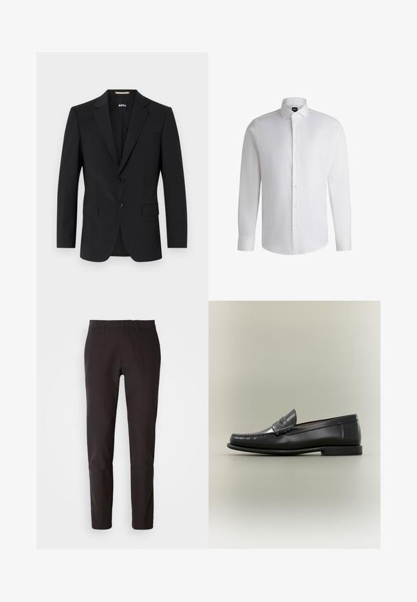 Blazer negro con un diseño ajustado, dos botones y solapas de pico. Incluye un bolsillo en el pecho y dos bolsillos frontales.; Camisa blanca de manga larga hecha de algodón suave, con un cuello clásico, botonera completa y puños abotonados. Diseño minimalista.; Pantalones negros de tela suave, con corte recto, cinturilla estándar con cierre de botón y sin bolsillos o patrones visibles.; Mocasín de hombre de cuero negro con diseño moc-toe, tira de tipo penny y tacón bajo sobre fondo neutro.