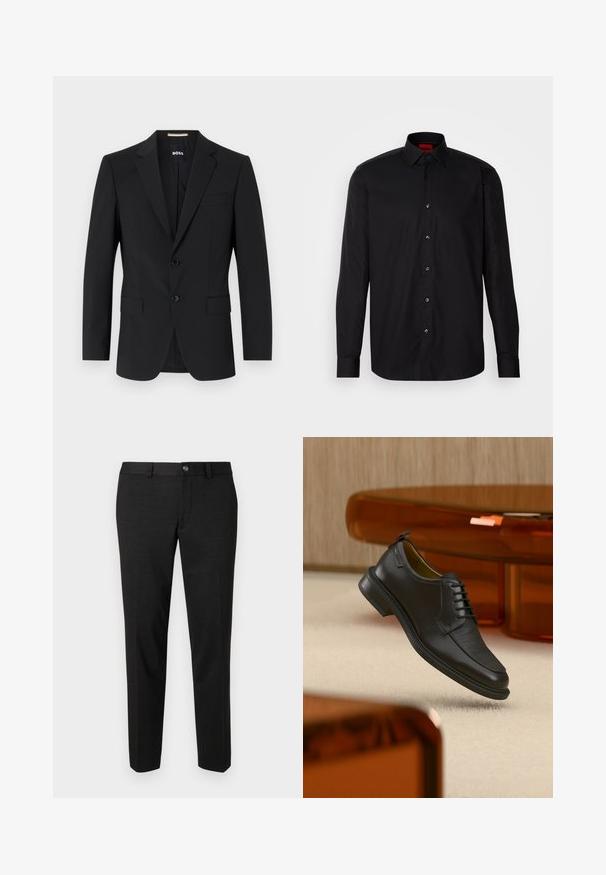 Schwarzer Blazer mit tailliertem Design, zwei Knöpfen und Reverskragen. Mit einer Brusttasche und zwei Fronttaschen.; Schwarzes Langarmhemd aus glattem Stoff, mit klassischem Kragen, Knopfverschluss vorne und taillierter Passform.; Schwarze Hose aus glattem Stoff. Sie hat einen geraden Schnitt, eine flache Vorderseite und einen Knopfverschluss mit einem schlichten Taillendesign.; Schwarzer Leder-Schnürschuh mit texturierter Vorderseite, schwebend über beigem Teppich in einem modernen Raum mit bernsteinfarbenen Möbeln.
