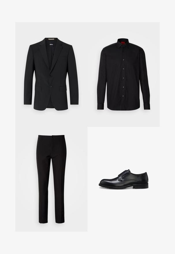 Schwarzer Blazer mit tailliertem Design, zwei Knöpfen und Reverskragen. Mit einer Brusttasche und zwei Fronttaschen.; Schwarzes Langarmhemd aus glattem Stoff, mit klassischem Kragen, Knopfverschluss vorne und taillierter Passform.; Schwarze Hose aus glattem Stoff, mit geradem Bein, vorderer Knopfverschluss und dezenten Seitentaschen. Schlichter und maßgeschneiderter Look.; Schwarzer polierter Herrenschuh aus Leder mit geschlossenem Schnürsystem, niedrigem Absatz und dezentem Marken-Detail nahe der Ferse auf weißem Hintergrund.