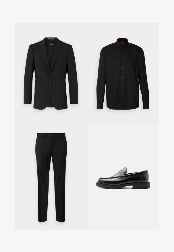 Blazer noir avec un design ajusté, deux boutons et des revers en pointe. Comprend une poche poitrine simple et deux poches avant.; Chemise noire à manches longues en tissu lisse, avec un col classique, un fermeture à boutons à l'avant et une coupe ajustée.; Pantalons noirs ajustés en tissu lisse, présentant une jambe droite, des détails de pli raffinés et une taille classique avec passants de ceinture.; Mocassin en cuir noir avec semelle en caoutchouc épaisse, dessus cousu et nom de marque embossé sur le talon, présenté de profil sur fond blanc.