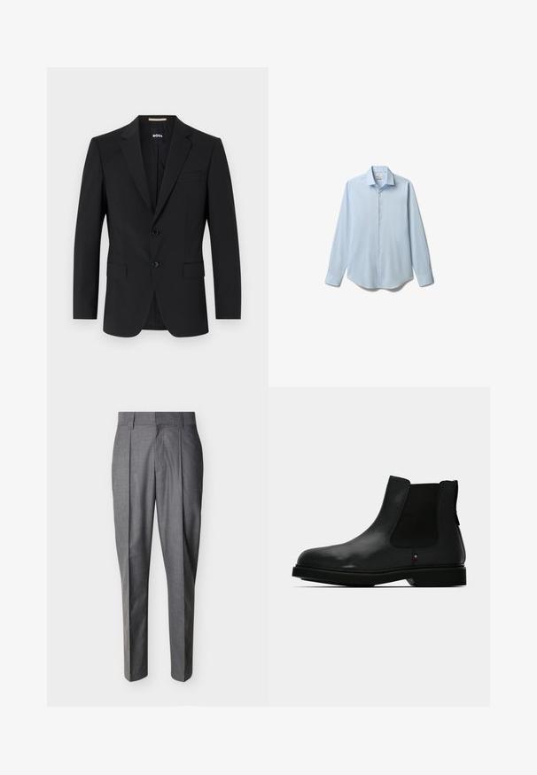 Blazer noir avec un design ajusté, deux boutons et des revers en pointe. Comprend une poche poitrine simple et deux poches avant.; Chemise habillée bleu clair à manches longues, boutonnée sur le devant, avec col pointu, présentée à plat sur fond blanc.; Pantalon de tailleur gris avec plis et passants pour ceinture, présenté à plat sur un fond blanc.; Botte Chelsea noire en cuir avec des panneaux latéraux élastiques, un bout rond et une tige texturée. Elle est dotée d'une semelle en caoutchouc plate et d'un détail de branding subtil.