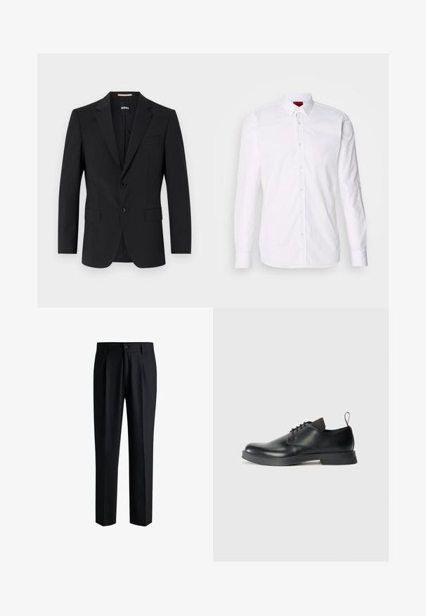 Sort blazer med en skrædderagtig design, to knapper og slagkraver. Inkluderer en enkelt brystlomme og to frontlommer.; Hvid skjorte med lange ærmer, knap-front og klassisk krave, fremstillet i en blød bomulds kvalitet.; Sorte bukser lavet af glat stof, med lige ben-design, plisseringer foran og knaplukning med bæltestropper.; Sorte læder snøresko med en glat overflade, rund tå og minimalistisk design. Har en subtil kontrasterende hæftning og gummisål.