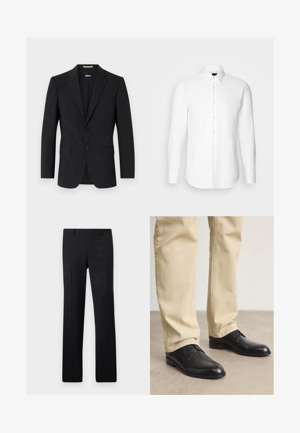 Blazer negro con un diseño ajustado, dos botones y solapas de pico. Incluye un bolsillo en el pecho y dos bolsillos frontales.; Camisa blanca de manga larga, con cierre de botones en el frente, cuello clásico, confeccionada con una tela suave con una textura sutil, diseñada para un ajuste entallado.; Pantalones negros ajustados con un diseño de pierna recta, pliegues marcados y un acabado suave. Fabricados en tejido ligero con una cintura limpia.; Zapatos de cuero negro con cordones, puntera redondeada, acabado suave y sutiles detalles de costura, combinados con pantalones de color beige claro.