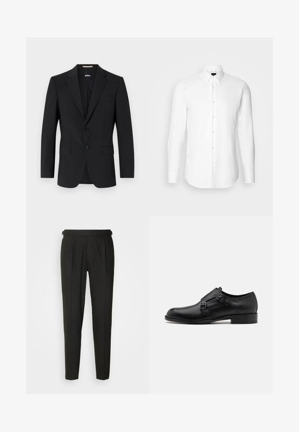Zwarte blazer met een tailor-made ontwerp, twee knopen en inkepingen bij de revers. Bevat een enkele borstzak en twee voorzakken.; Witte blouse met lange mouwen, knoopsluiting aan de voorkant, klassieke kraag, gemaakt van gladde stof met een subtiele textuur, ontworpen voor een aansluitende pasvorm.; Zwarte op maat gemaakte broeken met een vlakke voorkant, twee plooien, riemlusjes en een rechte pijpdesign. Gemaakt van een gladde, lichtgewicht stof.; Zwarte leren dresschoen met dubbele gespen, slank silhouet en ronde neus. Kenmerkt zich door een lage hak en een gladde textuur.