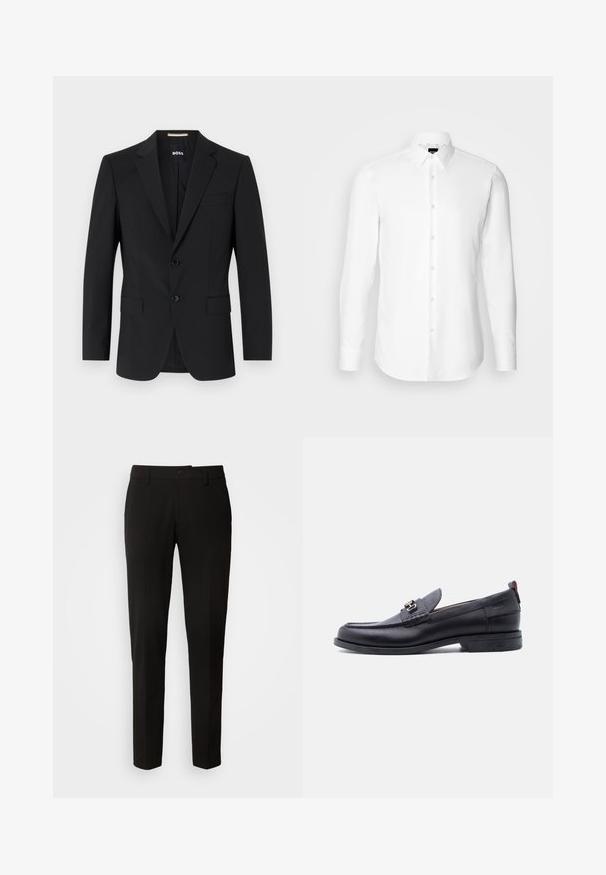 Schwarzer Blazer mit tailliertem Design, zwei Knöpfen und Reverskragen. Mit einer Brusttasche und zwei Fronttaschen.; Weißes Langarmhemd, vorne mit Knöpfen, klassischer Kragen, aus glattem Stoff mit feiner Textur, für eine figurnahe Passform entworfen.; Schwarze Hose mit geradem Beinschnitt, ausgestattet mit einem Knopfverschluss, Gürtelschlaufen und glattem Stoff. Keine sichtbaren Muster oder Akzente.; Schwarzer Lederloafer mit grauem, strukturiertem Vorderblatt, silberner Metallschnalle, niedrigem Absatz und Zuglasche hinten.