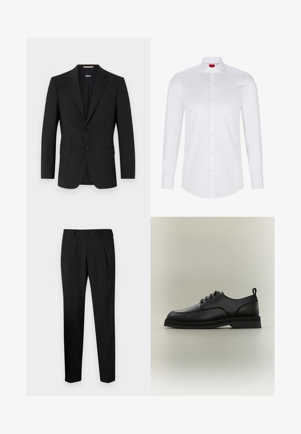 Schwarzer Blazer mit tailliertem Design, zwei Knöpfen und Reverskragen. Mit einer Brusttasche und zwei Fronttaschen.; Weißes langärmliges Hemd mit Knopfleiste, hergestellt aus glattem Baumwollstoff. Verfügt über einen klassischen Kragen, eine durchgehende Knopfleiste und einen abgerundeten Saum.; Schwarze maßgeschneiderte Hose mit geradem Schnitt, ausgestattet mit einem elastischen Bund, einem einzigen Knopfverschluss und zwei vorderen Falten für zusätzliche Details.; Schwarzer Lederschnürschuh mit dicker Sohle und Zuglasche an der Ferse, seitlich auf neutralem Hintergrund dargestellt.