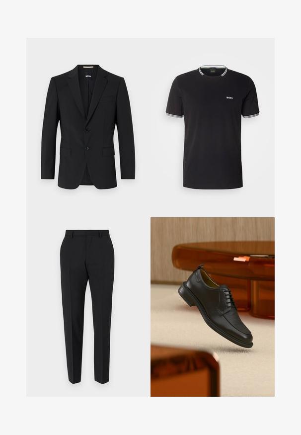 Blazer noir avec un design ajusté, deux boutons et des revers en pointe. Comprend une poche poitrine simple et deux poches avant.; T-shirt en coton noir avec bord blanc au col et aux manches, portant un petit logo blanc "BOSS" sur la poitrine gauche.; Pantalons noirs au design ajusté, avec un devant plat, des détails de plis et une coupe élégante. Fabriqués en tissu lisse pour un look raffiné.; Chaussure habillée noire en cuir à lacets avec devant texturé, flottant au-dessus d'un tapis beige dans une pièce moderne avec des meubles teintés d'ambre.