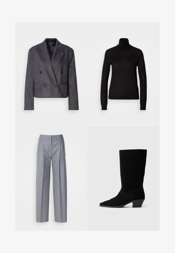 Grijze double-breasted blazer van een structuurstof, met notch-lapels en twee voorzakken. Bevat zwarte knopen en een cropped design.; Zwarte coltrui gemaakt van een lichte gebreide stof. Beschikt over lange mouwen en een aansluitende snit met raglan naden.; Lichtgrijze wijdluwe broeken van een gestructureerde stof, met plooien aan de voorkant en een fijne taille. Minimalistisch ontwerp, zonder zichtbare hardware.; Zwarte suede enkellaars met een spitse neus, een schacht van gemiddelde hoogte en een chunky hak. Heeft minimaal stikwerk en een gladde textuur.