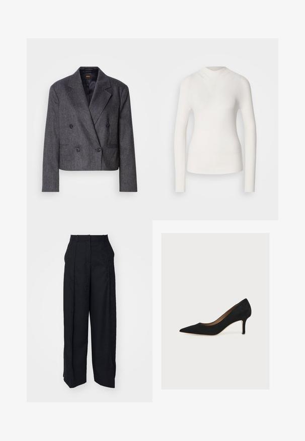 Blazer gris de doble botonadura con tejido texturizado, solapas de pico y dos bolsillos frontales. Presenta botones negros y un diseño cropped.; Top blanco de manga larga con un cuello alto, textura acanalada y diseño ajustado. Presenta un aspecto sin costuras y una sutil forma de V en la parte delantera.; Pantalones negros con un patrón texturizado. Presentan un frente con pinzas, bolsillos laterales y un diseño de pierna recta. El material parece suave.; Zapato de salón negro de ante con punta afilada, tacón stiletto de altura media y suela interior color cuero claro sobre un fondo claro.