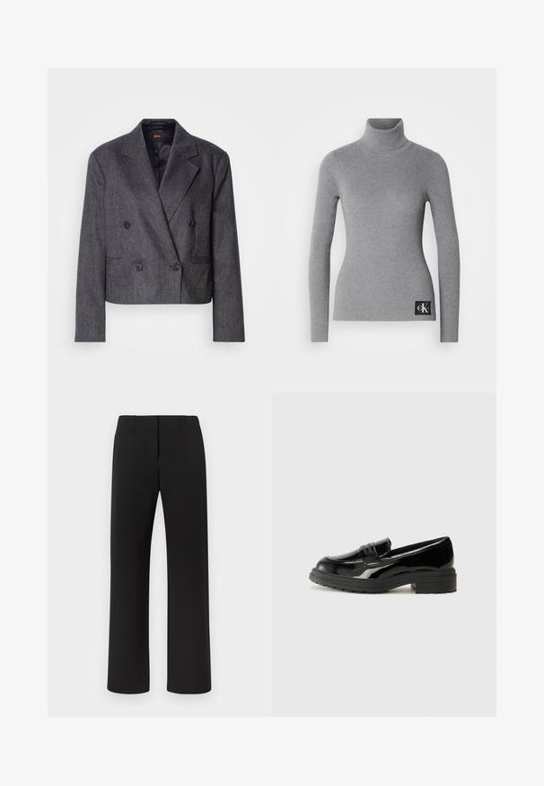 Grijze double-breasted blazer van een structuurstof, met notch-lapels en twee voorzakken. Bevat zwarte knopen en een cropped design.; Grijze geribbelde turtleneck trui met lange mouwen, aansluitend ontwerp en een zwart label met witte merkinitialen aan de onderkant.; Zwarte broek met een recht model, voorzien van een gladde textuur, een verborgen voorzijde sluiting en twee steekzakken aan de voorkant.; Zwarte lakleren loafers met een dikke zwarte rubberen zool, met een gestikte vamp en een gladde, glanzende oppervlakte.