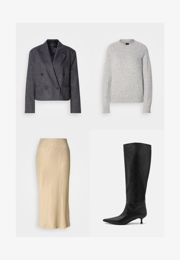 Grijze double-breasted blazer van een structuurstof, met notch-lapels en twee voorzakken. Bevat zwarte knopen en een cropped design.; Lichtgrijze trui van zacht gebreid materiaal. Heeft een ronde halslijn, geribbelde manchetten en een ontspannen pasvorm met raglanmouwen.; Beige satijnen midi rok met een gladde, glanzende textuur. Aansluitend taille met een uitlopende zoom, met een minimalistisch ontwerp en zonder zichtbare patronen.; Zwarte leren laarzen tot de knie met een spitse neus en een kittenheel. Gladde textuur en minimalistisch ontwerp zonder zichtbare hardware of accenten.