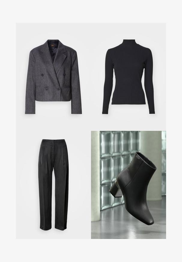 Grijze double-breasted blazer van een structuurstof, met notch-lapels en twee voorzakken. Bevat zwarte knopen en een cropped design.; Zwarte geribde coltrui met lange mouwen. Gemaakt van rekbare stof met een getailleerde pasvorm en hoge kraag. Eenvoudig ontwerp zonder versieringen.; Zwarte broek met wijde pijpen van gladde stof, voorzien van plooien aan de voorkant, een ritssluiting en een klassieke tailleband.; Zwarte leren enkellaars met blokhak, DKNY-logo nabij de bovenkant, getoond tegen een glazen blokmuur en gepolijste betonvloer.