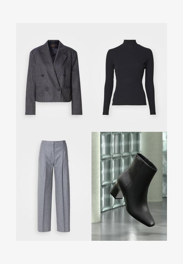 Grauer doppelt üblicher Blazer aus strukturiertem Stoff, mit Reverskragen und zwei vorderen Taschen. Verfügt über schwarze Knöpfe und ein tailliertes Design.; Schwarzes, geripptes Rollkragenoberteil mit langen Ärmeln. Aus dehnbarem Stoff mit figurbetonter Passform und hohem Kragen. Einfaches Design ohne Verzierungen.; Helle graue weit geschnittene Hosen aus strukturiertem Stoff, mit Falten vorne und einem taillierten Bund. Minimalistisches Design, keine sichtbaren Beschläge.; Schwarzer Leder-Stiefelette mit Blockabsatz, DKNY-Logo nahe oben, dargestellt vor einer Glasblockwand und poliertem Betonboden.