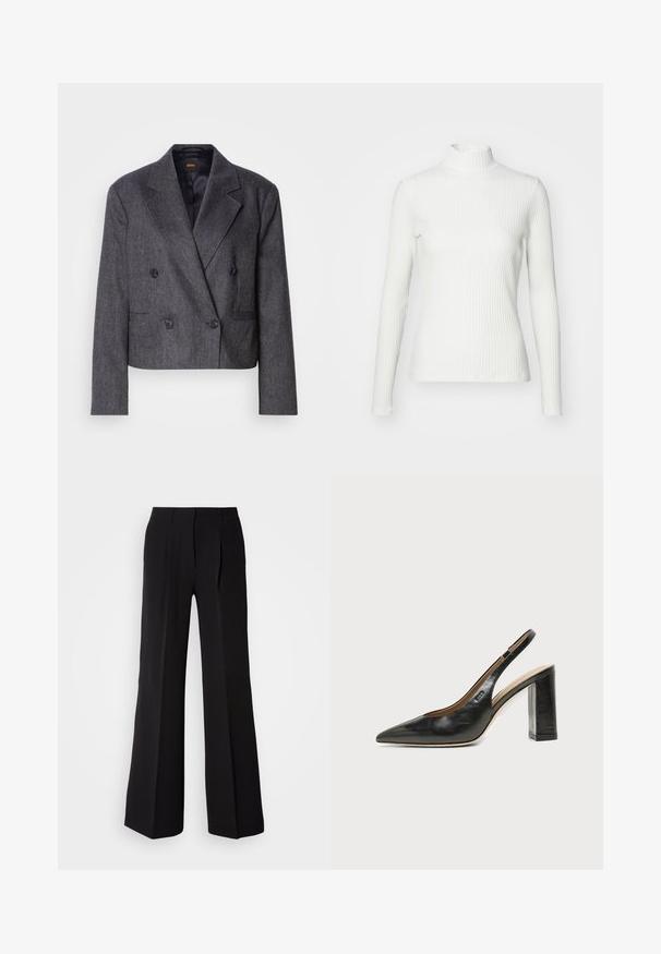 Blazer gris de doble botonadura con tejido texturizado, solapas de pico y dos bolsillos frontales. Presenta botones negros y un diseño cropped.; Top de cuello alto blanco con canalé y mangas largas, fabricado en una tela elástica. Presenta un diseño ajustado y un escote alto para mayor cobertura.; Pantalones negros de tejido suave, con cintura alta, silueta de pierna ancha y dos pliegues frontales para añadir detalle de diseño.; Zapato slingback de piel negra con puntera puntiaguda, tacón alto y ancho, y forro interior beige sobre un fondo claro y liso.