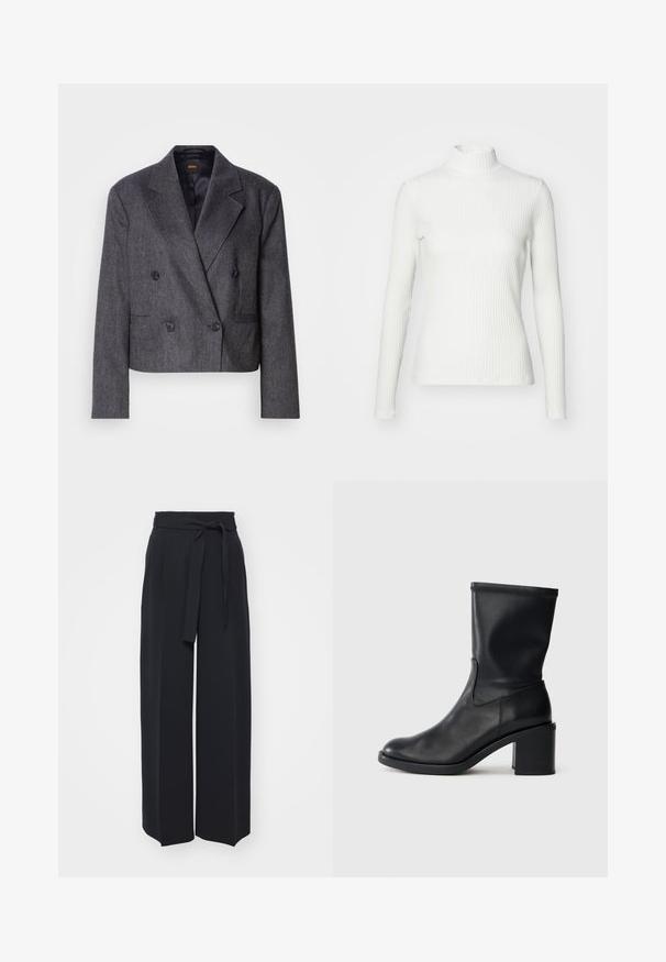 Grijze double-breasted blazer van een structuurstof, met notch-lapels en twee voorzakken. Bevat zwarte knopen en een cropped design.; Witte geribbelde coltrui met lange mouwen, gemaakt van rekbare stof. Heeft een getailleerd ontwerp en een hoge halslijn voor bedekking.; Zwarte wijde broek van zachte stof. Voorzien van een ceintuur en plooien aan de voorkant. Glad textuur met een strakke, hedendaagse stijl.; Zwarte leren enkellaars met een ronde neus, een gladde textuur en een chunky hak, met een strak schacht en subtiele stiksels.