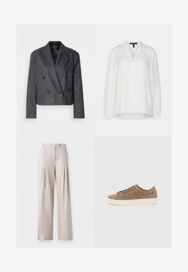 Blazer gris de doble botonadura con tejido texturizado, solapas de pico y dos bolsillos frontales. Presenta botones negros y un diseño cropped.; Blusa blanca de manga larga, hecha de tejido ligero, con escote en V, puños elásticos y un corte holgado. Textura suave con un ligero brillo.; Pantalones de pierna ancha en color beige con una textura suave, diseño con pliegues en la parte delantera y una cintura ajustada. Aptos para ocasiones formales o informales.; Zapatilla baja de gamuza marrón con cordones en la parte delantera, logo en relieve en el lateral y suela gruesa de goma blanca, vista desde el lado izquierdo.