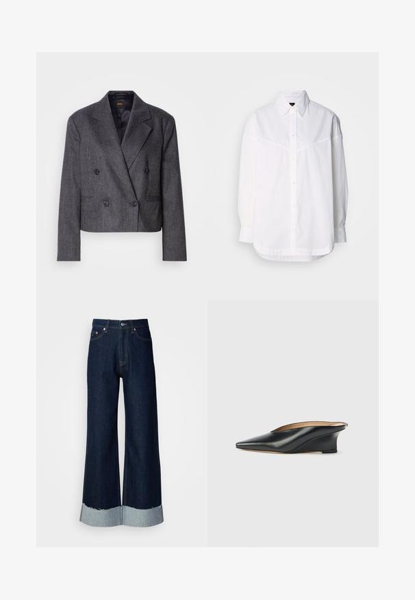 Blazer gris de doble botonadura con tejido texturizado, solapas de pico y dos bolsillos frontales. Presenta botones negros y un diseño cropped.; Camisa de manga larga blanca de algodón, con cuello abotonado, botones frontales y un corte holgado con detalles de costura sutiles.; Jeans de mezclilla oscura de pierna ancha con un dobladillo desgastado de mezclilla clara. Presenta un estilo clásico de cinco bolsillos y herrajes metálicos en la cintura.; Zapato cuña de charol negro con punta puntiaguda y talón descubierto, con un diseño elegante y curvado de estilo minimalista.