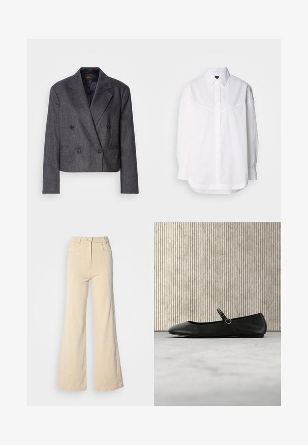 Blazer gris de doble botonadura con tejido texturizado, solapas de pico y dos bolsillos frontales. Presenta botones negros y un diseño cropped.; Camisa de manga larga blanca de algodón, con cuello abotonado, botones frontales y un corte holgado con detalles de costura sutiles.; Jeans beige de pierna ancha con cintura alta, bolsillos frontales y costuras en contraste, con cierre de botón y una textura de algodón suave.; Bailarina de cuero negro con punta redonda, con una fina correa y herrajes circulares dorados. Textura suave y diseño minimalista.