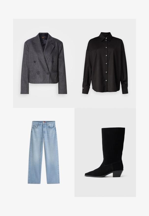 Grå doublé blazer med tekstureret stof, med spidse klapper og to forlommer. Udstyret med sorte knapper og et cropped design.; DRYKORN LYSILA - Skjortebluser - black; Lyseblå jeans med lige ben, forlommer, bæltestropper og lukning med knap og lynlås.; Sort ruskind ankelstøvle med spidse tæer, mellemhøj skaft og en chunky hæl. Fuldender et minimalistisk design med lidt syninger og en glat tekstur.