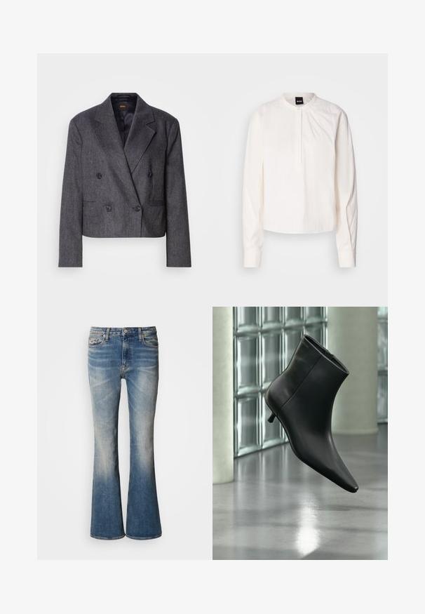 Grå doublé blazer med tekstureret stof, med spidse klapper og to forlommer. Udstyret med sorte knapper og et cropped design.; Hvid langærmet bluse med rund krave og knaplukning, prydet med diskrete lodrette striber, vist på en ensfarvet baggrund.; Tommy Jeans CLEO - Jeans Bootcut - denim dark; Sort læderankelstøvle med spids tå og lav kitten-hæ, vist vinklet mod en poleret gulv- og glasblokvæg.