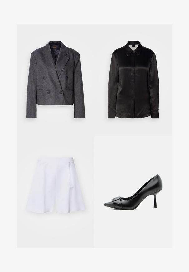 Blazer gris de doble botonadura con tejido texturizado, solapas de pico y dos bolsillos frontales. Presenta botones negros y un diseño cropped.; Camisa negra de satén de manga larga con cuello puntiagudo, cierre frontal de botones y puños. Textura suave y diseño minimalista.; Pantalones cortos blancos ligeramente ajustados con una cintura alta, plisados y una textura suave, que ofrecen una silueta estructurada y moderna.; Zapato de tacón alto de cuero negro con punta afilada y hebilla decorativa en la parte delantera, mostrado de lado sobre un fondo blanco.