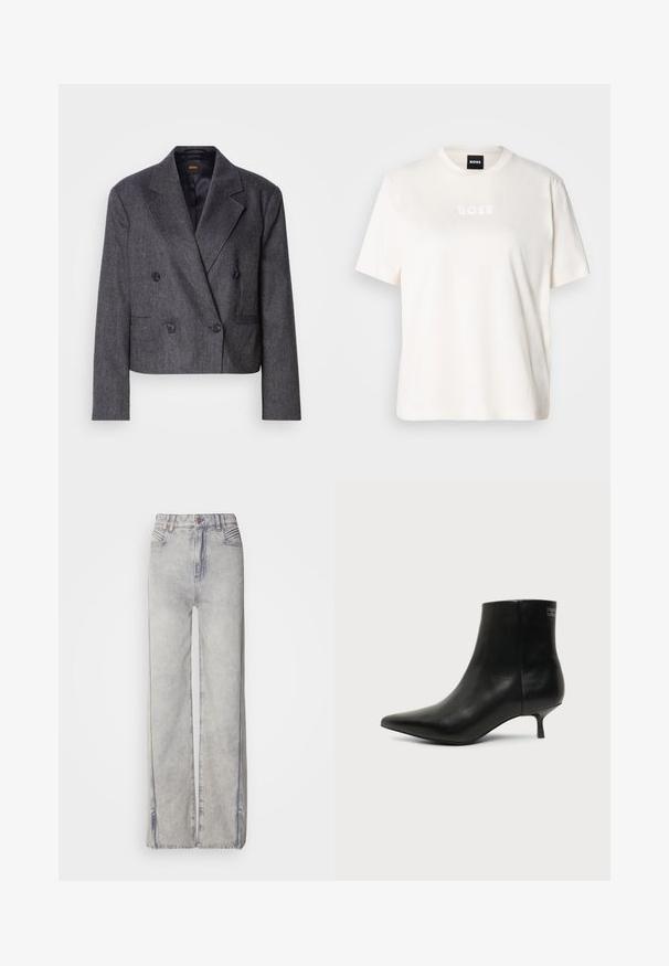 Grijze double-breasted blazer van een structuurstof, met notch-lapels en twee voorzakken. Bevat zwarte knopen en een cropped design.; Witte katoenen T-shirt met een ronde hals, korte mouwen en een reliëf "BOSS" logo op de borst. Zachte textuur en een ontspannen pasvorm.; Lichtblauwe wijde jeans van denim met een vervaagd uiterlijk, voorzien van een ritssluiting, vijf zakken en contrasterende stiksels.; Zwart leren enkellaars met puntige neus en lage kittenhak op lichte achtergrond, zijaanzicht buitenkant.