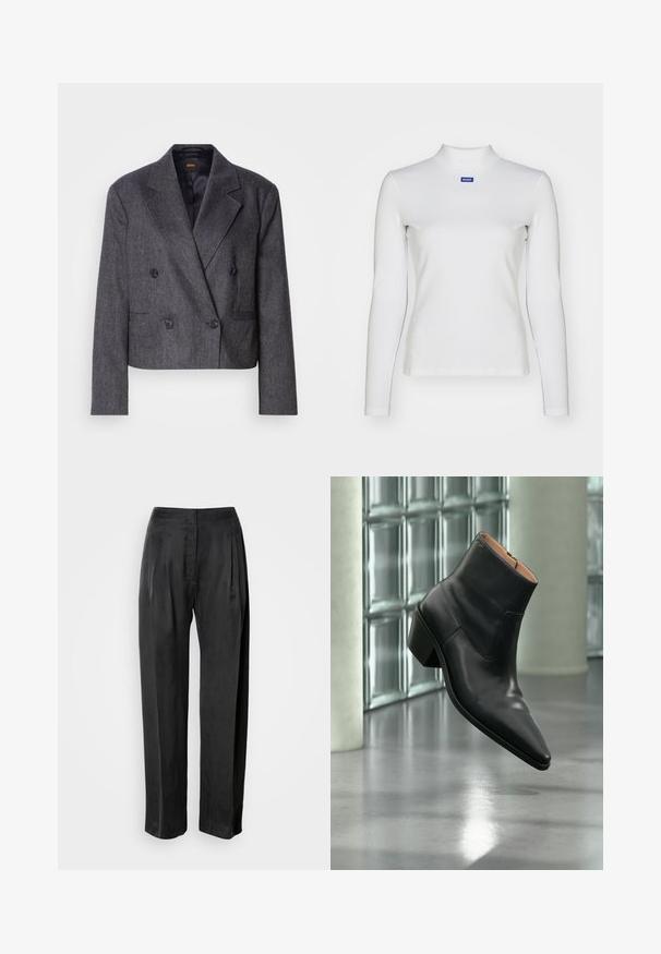 Grijze double-breasted blazer van een structuurstof, met notch-lapels en twee voorzakken. Bevat zwarte knopen en een cropped design.; Witte lange mouw turtleneck top van rekbare stof, met een strakke pasvorm en een klein blauw logo op de borst.; Zwarte broek met wijde pijpen van gladde stof, voorzien van plooien aan de voorkant, een ritssluiting en een klassieke tailleband.; Zwarte leren enkellaars met een spitse neus en blokhak die zweeft boven een reflecterende grijze vloer nabij een glazen blokmuur.