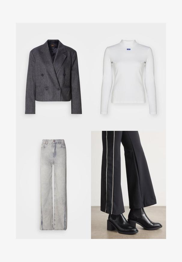 Blazer gris de doble botonadura con tejido texturizado, solapas de pico y dos bolsillos frontales. Presenta botones negros y un diseño cropped.; Top de cuello alto de manga larga blanca, hecho de tela elástica, con un diseño ajustado y un pequeño logo azul en el pecho.; Jeans de pierna ancha en azul claro, fabricados en denim con un lavado desgastado, que cuentan con un cierre de cremallera, cinco bolsillos y costuras en contraste.; Botines de cuero negro con tacón cuadrado, con paneles laterales elásticos. Combinados con pantalones negros que tienen una franja blanca lateral.