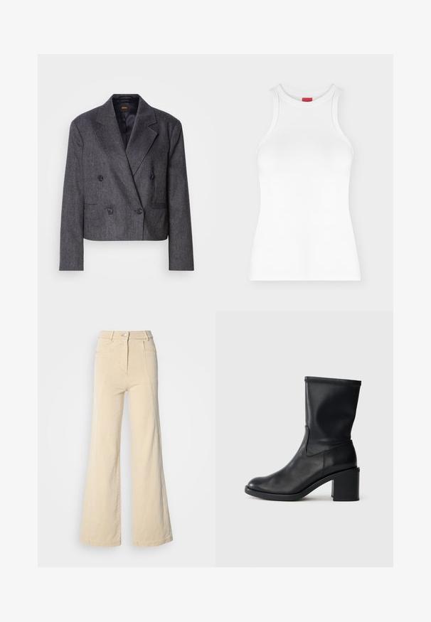 Blazer gris de doble botonadura con tejido texturizado, solapas de pico y dos bolsillos frontales. Presenta botones negros y un diseño cropped.; Camiseta de tirantes blanca con canalé, cuello alto redondo y forma ajustada, mostrada sobre un fondo claro y sencillo.; Jeans beige de pierna ancha con cintura alta, bolsillos frontales y costuras en contraste, con cierre de botón y una textura de algodón suave.; Botín negro de cuero hasta el tobillo con punta redonda, textura suave y tacón grueso, que presenta un eje ajustado y un sutil detalle de costura.