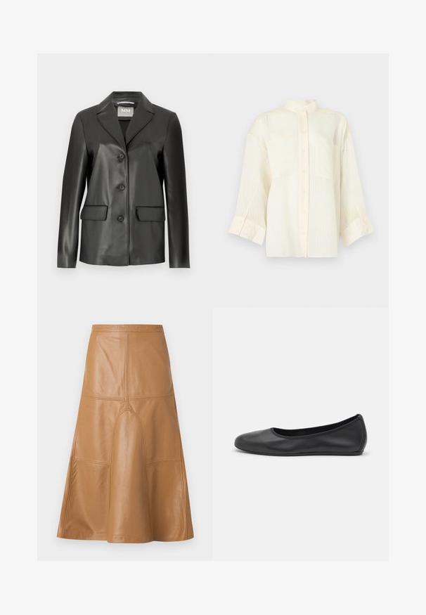 Sort faux læder blazer med klapkrave, fire knaplukninger foran og to forlommer. Glat tekstur og skræddersyet form.; Langærmet cremefarvet skjorte med knapper foran, to frontlommer og en stående krave, vist på en ensartet lys baggrund.; Brun nederdel i imiteret læder i A-form, midi-længde, med synlige sømdetaljer og let udvidelse ved kanten, vist mod en ensfarvet baggrund.; Sort læderballetsko med rund tå, glat tekstur, minimal syning og et fleksibelt såldesign.