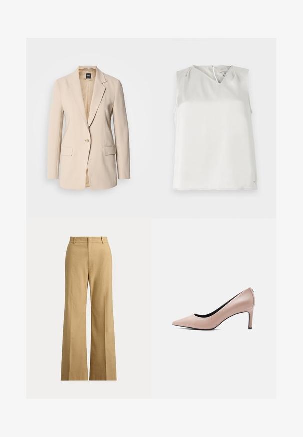 Beiger Blazer aus glattem Stoff, mit einem knöpfbaren Einreiher, zwei Fronttaschen und einem Reverskragen-Design. Das Innenfutter ist beige.; Ärmellose weiße Bluse mit V-Ausschnitt, dezenten Falten an den Schultern und Reißverschluss hinten, vor neutralem Hintergrund präsentiert.; Beige High-Waist Weite-Hose mit Gürtelschlaufen, Frontreißverschluss und flacher Vorderseite vor weißem Hintergrund.; Beiger spitzer High-Heel-Schuh mit schlankem Stiletto-Absatz vor weißem Hintergrund.