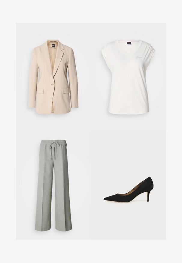 Beige blazer van gladde stof, met een enkele knoopsluiting, twee voorzakken en een gesneden revers. De binnenkant is tan.; Witte T-shirt met korte mouwen en een ronde hals, met geplooide schouderdetails. Subtiele logo in rhinestones aan de linkerkant. Zachte stoftextuur.; Lichtgrijze wijde broek met elastische tailleband en trekkoord, voorzakken en een subtiele gestructureerde stof.; Zwarte suède pumps met spitse neus, een slanke middenhoge naaldhak en een laag uitgesneden ontwerp op een effen achtergrond.