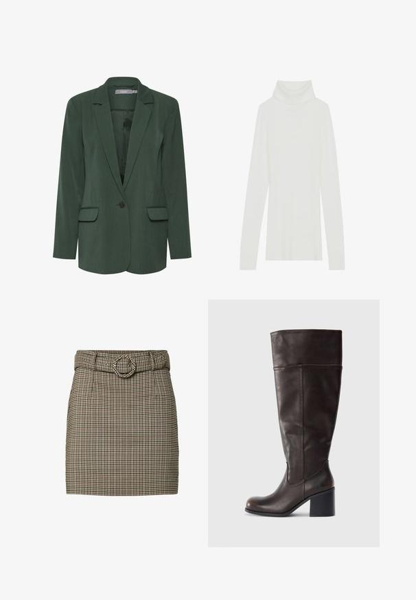 Grøn skræddersyet blazer med notch-lapel, enkelt knaplukning og to frontlommer. Lavet af tekstureret stof med en glat foring.; Hvid ribbet turtle neck striktrøje med lange ærmer, blød tekstur og høj rullekrave, der har en tætsiddende design uden synlige lukninger.; Mini nederdel med tern, der har et bælte med rund spænde, fremstillet af et tekstureret stof i brune, creme og grønne nuancer.; Brun læder knæhøj støvle med rund tå og stablet hæl. Har en glat tekstur og sidelægning som detalje.