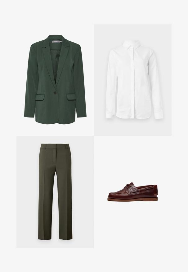 Grüner maßgeschneiderter Blazer mit reverförmigem Revers, einreihiger Knopfverschluss und zwei vorderen Taschen. Hergestellt aus strukturiertem Stoff mit glatter Fütterung.; Weißes Langarmhemd aus glattem Baumwollstoff. Verfügt über einen klassischen Kragen und eine durchgehende Knopfleiste mit geradem Saum und ohne Muster.; Dunkelgrüne maßgeschneiderte Hose mit geradem Bein, flachem Bund und seitlichen Taschen. Aus glattem, leichtem Stoff gefertigt.; Brauner Leder-Bootsschuh mit Schnürsenkeln, Nahtdetails und Timberland-Logo an der Seite, auf weißem Hintergrund gezeigt.