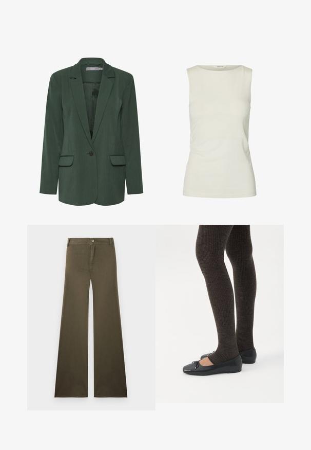 Blazer verde ajustado con solapa muesca, cierre de un botón y dos bolsillos frontales. Hecho de una tela texturizada con un forro suave.; Camiseta sin mangas blanca lisa con escote redondo, hecha de tela lisa, mostrada sobre un fondo blanco.; Pantalones de pierna ancha de cintura alta en verde oliva, con cierre de botón y cremallera, bolsillos delanteros y trabillas para cinturón.; Piernas con leggings oscuros acanalados combinados con bailarinas negras que presentan pequeños detalles de lazo sobre un fondo blanco.