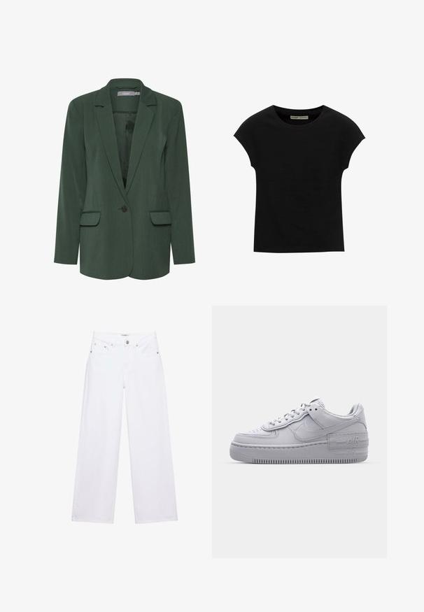 Grøn skræddersyet blazer med notch-lapel, enkelt knaplukning og to frontlommer. Lavet af tekstureret stof med en glat foring.; Sort T-shirt med korte ærmer og rund halsudskæring. Fremstillet af glat, elastisk bomuldsstof. Simpelt design uden mønstre eller grafik.; Hvide jeans med høj talje og vide ben med knap- og lynlåslukning, for- og baglommer samt sølvfarvede nitter som detaljer.; Grå Nike Air Force 1 sneakers med perforeret tå, glat læderoverdel, tyk sål og præget 'AIR' detalje på hælen.