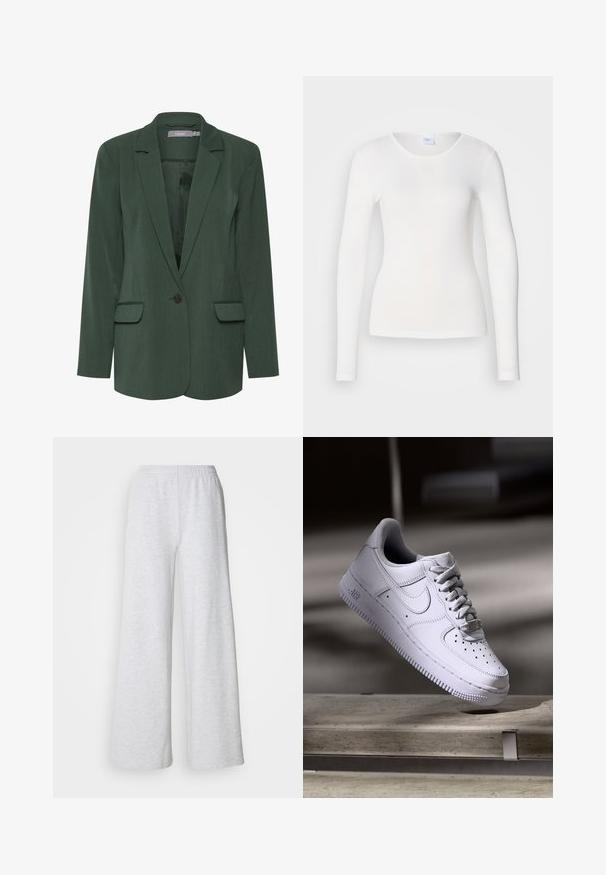 Groene op maat gemaakte blazer met een gelapte revers, enkele knoopsluiting en twee voorzakken. Gemaakt van een textuurstof met een gladde voering.; Witte lange mouwen shirt gemaakt van een zachte, gladde stof; heeft een ronde halslijn en een aansluitende vorm, zonder patronen of versieringen.; Lichtgrijze wijde broek met een elastische tailleband, gemaakt van zachte stof met een subtiele textuur en zonder zichtbare patronen of accenten.; Witte Nike Air Force 1 sneaker die zweeft boven een betonnen oppervlak met schaduwen in een minimalistische setting.