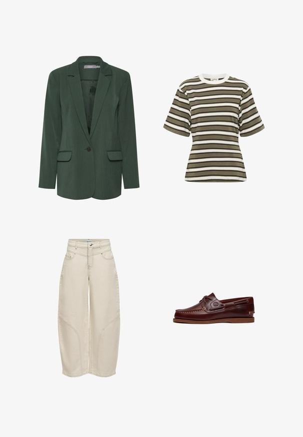 Blazer verde ajustado con solapa muesca, cierre de un botón y dos bolsillos frontales. Hecho de una tela texturizada con un forro suave.; Camiseta a rayas en verde oliva y blanco, hecha de una tela suave. Presenta un escote redondo y mangas cortas y anchas con un ajuste relajado.; Pantalones de pierna ancha color crema con bolsillos delanteros y traseros, presillas para cinturón y detalles de costuras curvas en las piernas.; Zapato náutico de cuero marrón con cordones, detalles de costura y logo de Timberland en el lateral, mostrado sobre un fondo blanco.