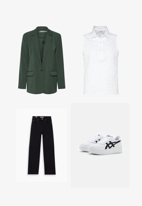 Blazer verde ajustado con solapa muesca, cierre de un botón y dos bolsillos frontales. Hecho de una tela texturizada con un forro suave.; Polo sin mangas de color blanco hecho de algodón. Cuenta con un cuello, una tapeta de cinco botones y un pequeño logo bordado en el pecho.; Jeans de mezclilla negros con corte recto, cinco bolsillos, herrajes de cobre y una textura suave. Dos etiquetas visibles en la cinturilla.; Zapatillas blancas con una superficie texturizada, franjas laterales negras y una suela blanca gruesa. Presentan un diseño de cordones y un logo en la lengüeta.