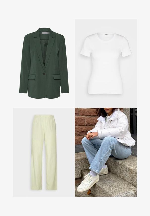 Blazer verde ajustado con solapa muesca, cierre de un botón y dos bolsillos frontales. Hecho de una tela texturizada con un forro suave.; Camiseta de algodón blanca con mangas cortas, cuello redondo y textura acanalada. Diseño ajustado con un acabado suave y limpio.; Samsøe Samsøe HOYS STRAIGHT PANTS - Pantalones - aloe wash; Chaqueta de plumas blanca con cuello alto, jeans de mezclilla azul claro y zapatillas Reebok blancas. Escalones de piedra texturizados en el fondo.