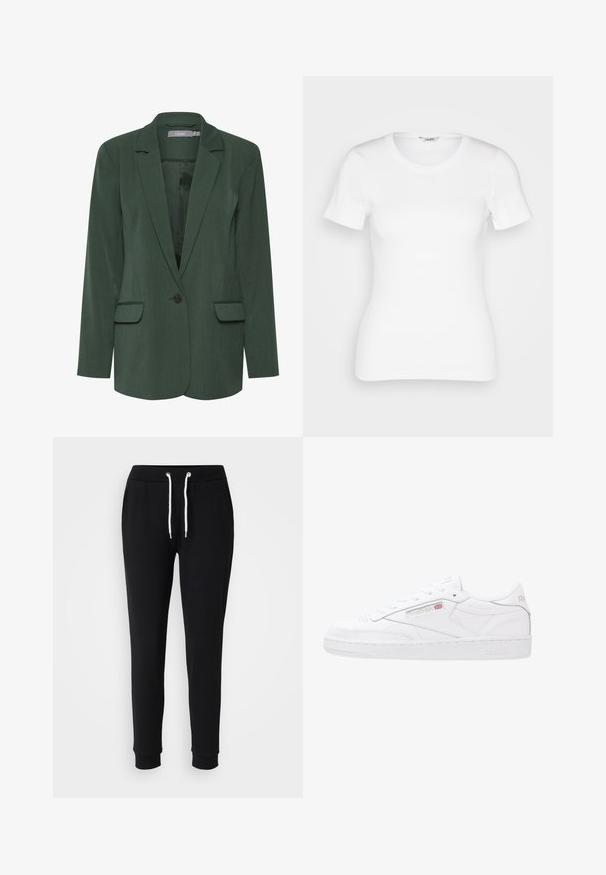 Blazer verde ajustado con solapa muesca, cierre de un botón y dos bolsillos frontales. Hecho de una tela texturizada con un forro suave.; Camiseta de algodón blanca con mangas cortas, cuello redondo y textura acanalada. Diseño ajustado con un acabado suave y limpio.; Pantalones deportivos negros con cintura ajustable, acentos de cordón blanco, piernas ajustadas y puños acanalados. Fabricados con un tejido suave y cómodo.; Zapatillas de cuero blanco con un diseño de corte bajo, cierre de cordones, paneles laterales texturizados y logotipo de Reebok en relieve. Suela de goma.