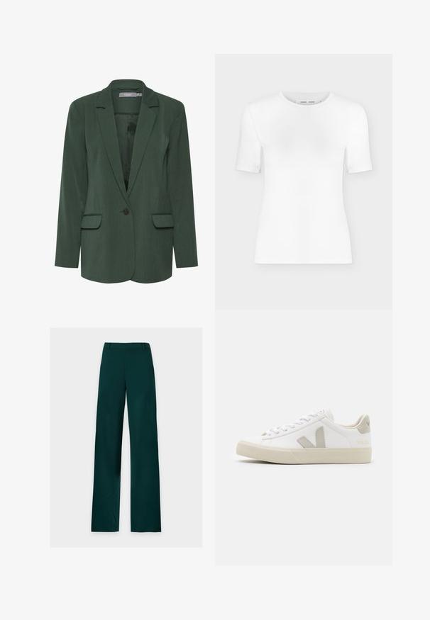 Grüner maßgeschneiderter Blazer mit reverförmigem Revers, einreihiger Knopfverschluss und zwei vorderen Taschen. Hergestellt aus strukturiertem Stoff mit glatter Fütterung.; Weißes T-Shirt mit kurzen Ärmeln und Rundhalsausschnitt, schlanker Passform und gerippter Stoffstruktur, dargestellt vor einem schlichten hellgrauen Hintergrund.; Dunkelgrüne gerade geschnittene Hose mit Gürtelschlaufen, Frontreißverschluss und weiten Beinen, flach auf weißem Hintergrund liegend.; Weiße Sneaker aus Leder mit grauen V-Logo-Akzenten, strukturiertem Gummiabsatz, weißen Schnürsenkeln sowie gepolstertem Zungen- und Knöchelbereich.