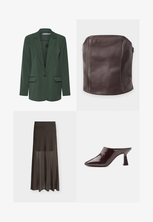 Grøn skræddersyet blazer med notch-lapel, enkelt knaplukning og to frontlommer. Lavet af tekstureret stof med en glat foring.; Brun læder topløs korsettop med en glat tekstur, struktureret form og rent, minimalistisk design uden synligt hardware.; Brun semi-gennemsigtig maxi nederdel med tætsiddende talje og flydende plisseret stof mod en ensfarvet lys baggrund.; Skinnende mørkebrun mule med spids tå og blokhæl samt DKNY-logo på siden, vist på en ren hvid baggrund.
