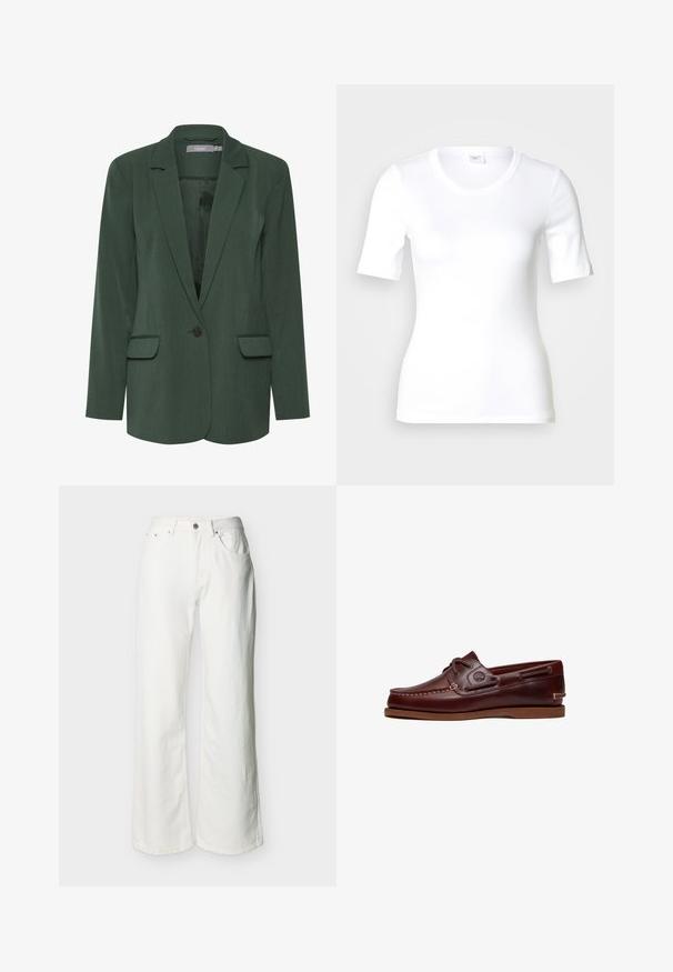 Blazer verde ajustado con solapa muesca, cierre de un botón y dos bolsillos frontales. Hecho de una tela texturizada con un forro suave.; Camiseta blanca de manga corta hecha de algodón liso, con escote redondo y forma ajustada. Diseño clásico, sin estampados ni adornos.; Vaqueros blancos de talle alto con cierre de botones y cremallera, bolsillos delanteros y piernas ligeramente acampanadas, mostrados sobre un fondo liso.; Zapato náutico de cuero marrón con cordones, detalles de costura y logo de Timberland en el lateral, mostrado sobre un fondo blanco.