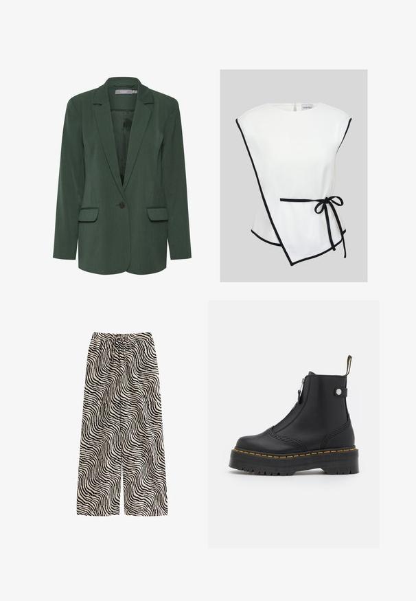 Grøn skræddersyet blazer med notch-lapel, enkelt knaplukning og to frontlommer. Lavet af tekstureret stof med en glat foring.; Hvid asymmetrisk ærmeløs top med sort kant og sort sløjfe i taljen, vist på en neutral baggrund.; Bukser med vide ben med sort-hvide zebrastriber, elastisk talje og bindebånd.; Sort ankelstøvle lavet af glat læder, med en lynlås i siden, gul syning og en tyk, rillet gummisål.