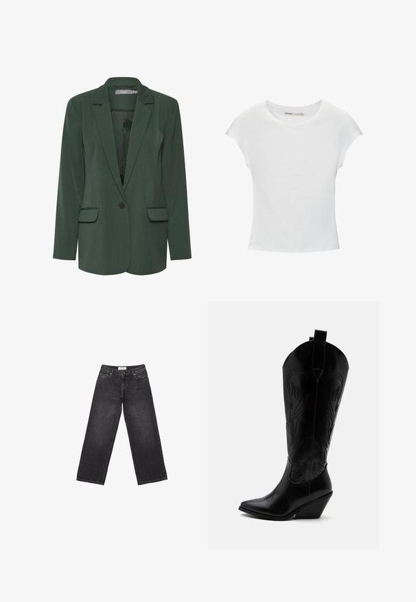 Groene op maat gemaakte blazer met een gelapte revers, enkele knoopsluiting en twee voorzakken. Gemaakt van een textuurstof met een gladde voering.; Witte katoenen T-shirt met korte, opgerolde mouwen, een ronde halslijn en een rechte zoom. Gladde textuur zonder zichtbare patronen of accenten.; Brede zwarte spijkerbroek met een donkere wassing, vijf zakken en een label op de tailleband. Gladde textuur met subtiele vervaging.; Zwarte leren cowboylaars met puntige neus, schuine blokhak, decoratieve stiksels en aantreklusjes bovenaan tegen een witte achtergrond.