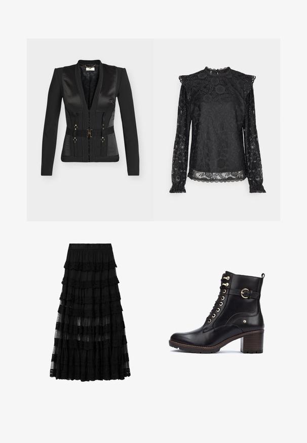 Blazer noir sur mesure avec revers en satin, ceinture cintrée avec boucle dorée, manches longues et détails structurés sur les panneaux.; PIECES Tall PCOLLINE - Blouse - black; Jupe midi en dentelle noire à volants avec une taille élastique embossée du nom de la marque, avec des panneaux de tissu superposés transparents et opaques.; Bottines en cuir noir avec des accessoires dorés, bout rond, design à lacets et un talon épais avec finition bois. Présente une accentuation par une sangle sur le côté.
