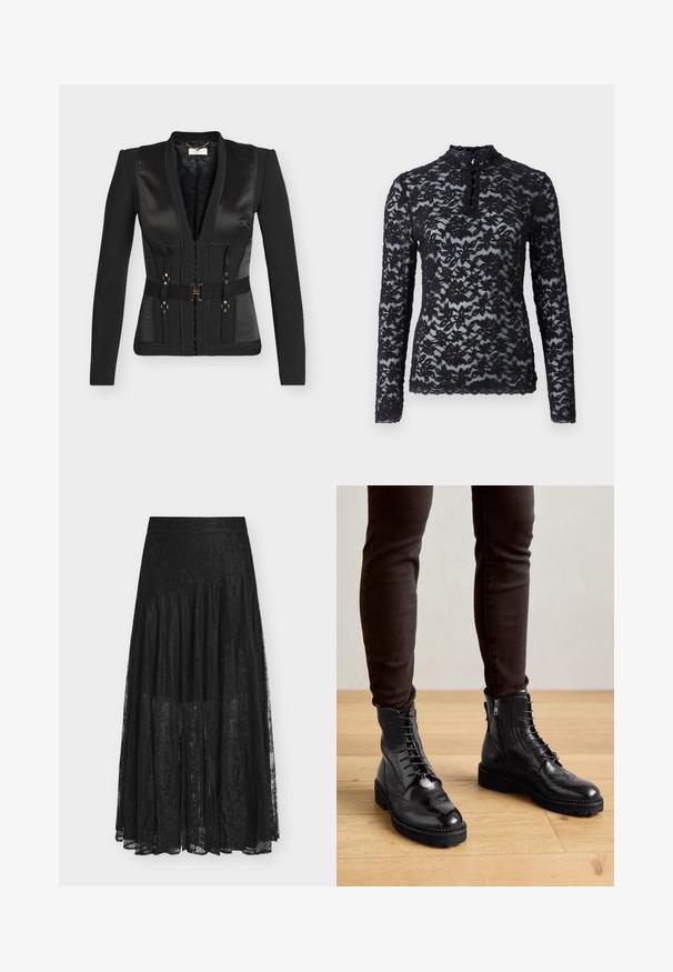 Blazer noir sur mesure avec revers en satin, ceinture cintrée avec boucle dorée, manches longues et détails structurés sur les panneaux.; Rosemunde T-shirt à manches longues - black; Jupe en dentelle noire avec un design fluide et à volants. Comprend une ceinture, des motifs floraux délicats et une texture transparente. La longueur s'étend jusqu'au milieu du mollet.; Bottines en cuir noir avec des détails de brogue, un laçage à l'avant, des fermetures éclair sur les côtés et des semelles en caoutchouc texturé. Associées à un pantalon slim noir.